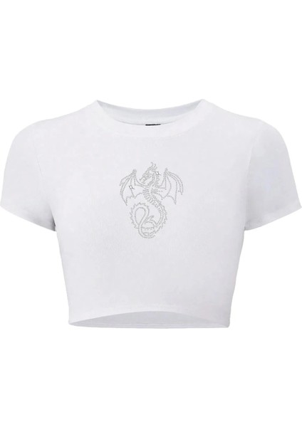 Kadın Dragon Kristal Taş Baskılı Crop T-Shirt