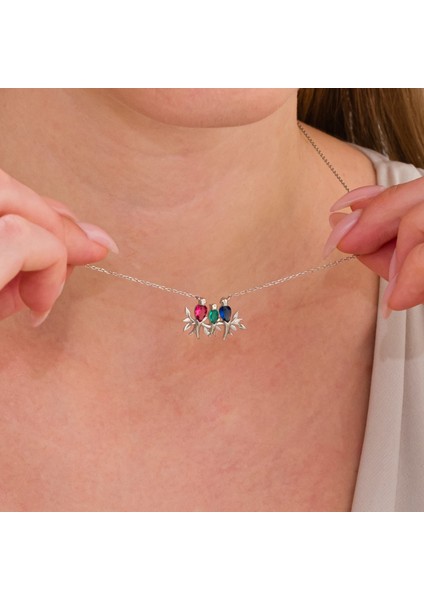 Renkli Taşlı Üçlü Kumru Gümüş Kolye