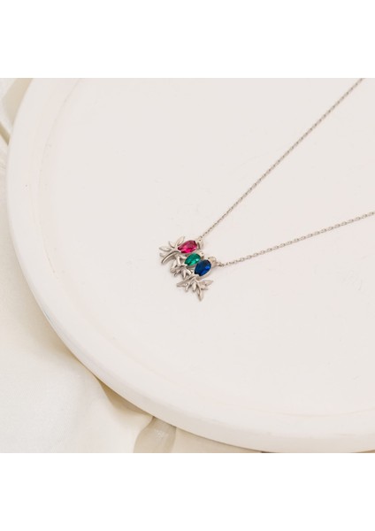 Renkli Taşlı Üçlü Kumru Gümüş Kolye fiyatları