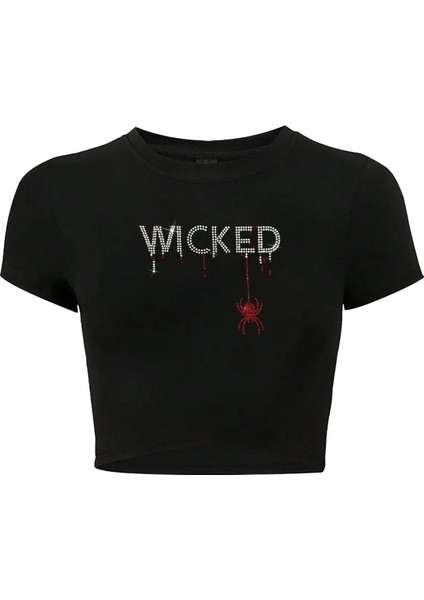 Kadın Kristal Taş Baskılı Red Wicked Crop T-Shirt