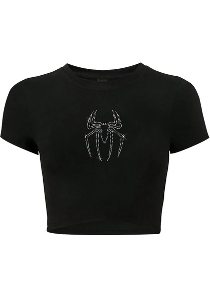 Kadın Kristal Taş Baskılı Spider Crop T-Shirt