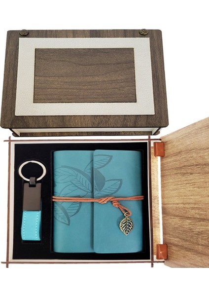 Özel Ahşap Kutulu Deri Defter ve Anahtarlık Seti