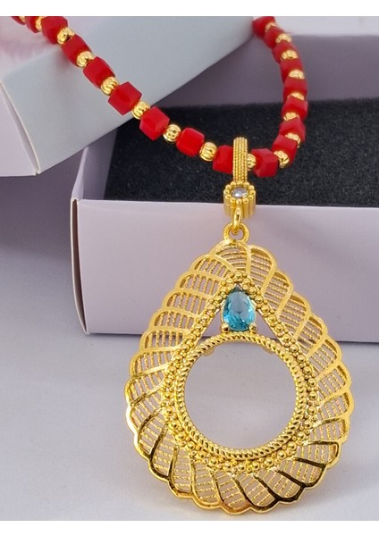 Altın Kaplama Kırmızı Boncuklu Yeni Nesil Çeyreklik Kolye modelleri