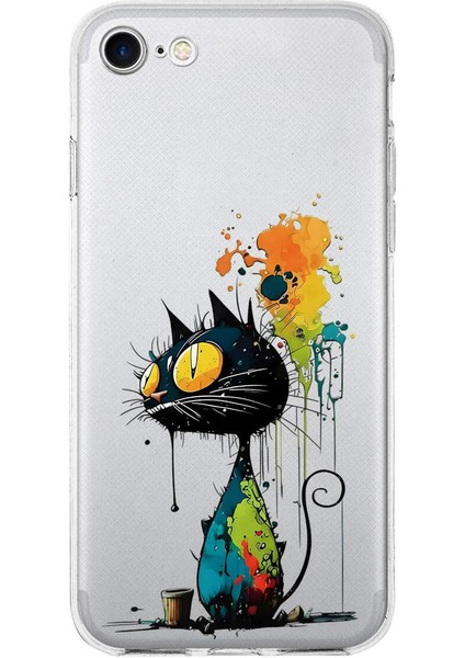 iPhone Se 2020 ile Uyumlu Splash Kedi Tasarımlı Slimfit Şeffaf Silikon Kılıf