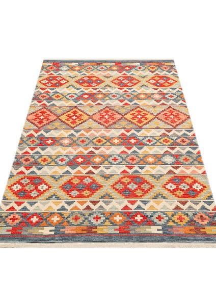 Ürgüp 02 Aqua %100 Pamuk ile Üretilen Etnik Desenlere Sahip Yıkanabilir Çift Taraflı Ince Yıkanabilir Kilim