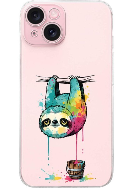 iPhone 15 ile Uyumlu Splash Tembel Hayvan Tasarımlı Şeffaf Silikon Kılıf