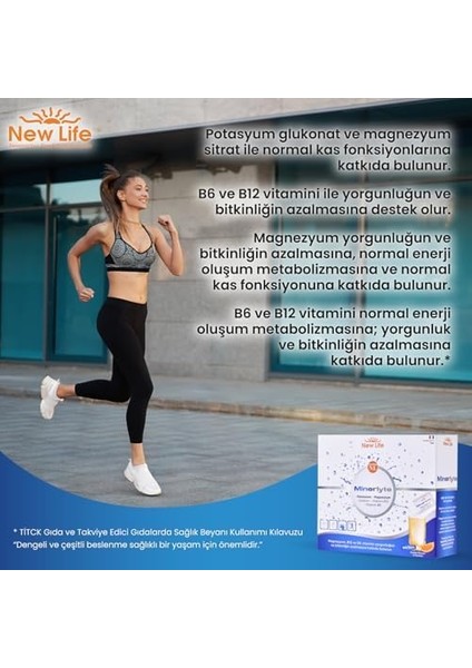 New Life Minerlyte - Magnezyum Sitrat - Potasyum - Sodyum - B6 ve B12 Vitamini - Elektrolit Çözeltisi - 12 Saşe fiyatları