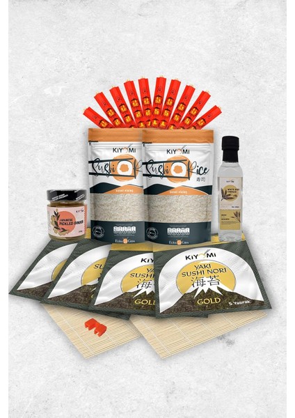 Kiyomi Sushi Aile Seti | 4 Farklı Sushi Gecesi Için Aile Paketi | Sushi Pirinci 1000 Gr, Pirinç Sirkesi 250 Ml, Nori Deniz Yosunu 20 Yaprak, Zencefil Turşusu 250 Gr, 10 Çift Bambu Chopstick