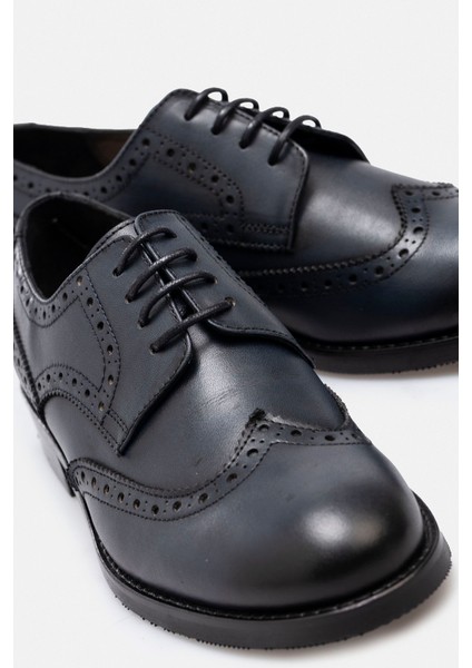 Kadın Lacivert Hakiki Deri El Işçiliği Delikli Klasik Oxford Ayakkabı