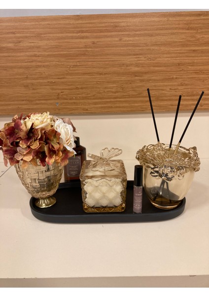 Dekoratif Koku Setimiz Deri Kaplı Tepsisi Cam Çubuklu Kokusu Kokulu Mumu Bal Rengi ve Arajmanı modelleri