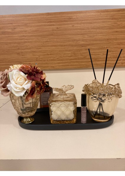 Dekoratif Koku Setimiz Deri Kaplı Tepsisi Cam Çubuklu Kokusu Kokulu Mumu Bal Rengi ve Arajmanı indirimleri