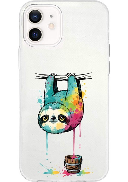 iPhone 12 Mini ile Uyumlu Splash Tembel Hayvan Tasarımlı Slimfit Şeffaf Silikon Kılıf