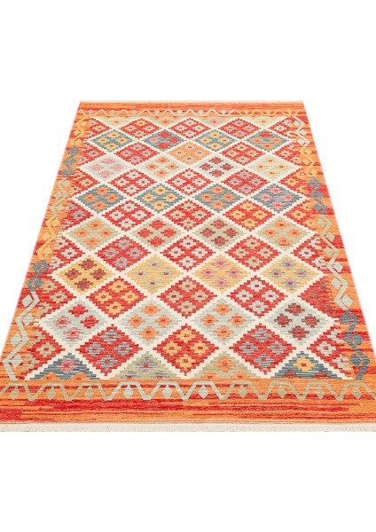 Ürgüp 05 Terra %100 Pamuk ile Üretilen Etnik Desenlere Sahip Yıkanabilir Çift Taraflı Ince Yıkanabilir Kilim