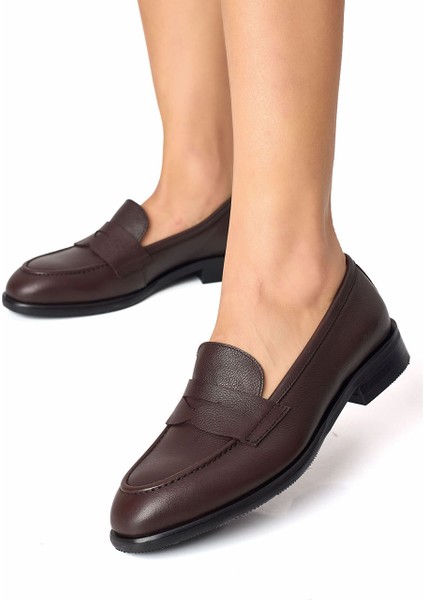 Kadın Hakiki Deri El Yapımı Acı Kahve Penny Loafer Günlük Ayakkabı