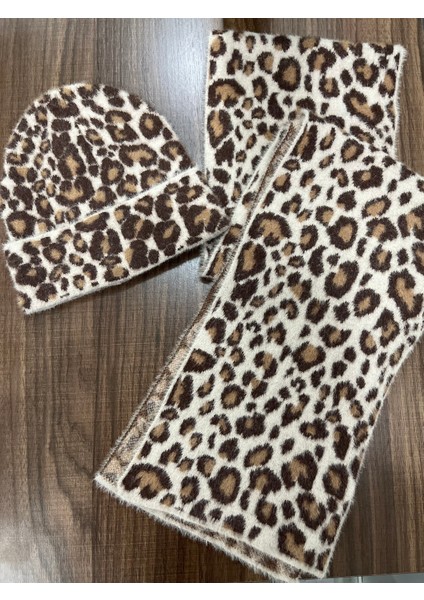 Kadın Leopar Desenli Kışlık Atkı Bere Takımı – Yumuşak Tüylü Akrilik Ikili Set – Sıcak Tutucu