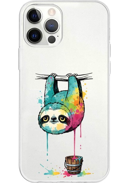 iPhone 12 Pro Max ile Uyumlu Splash Tembel Hayvan Tasarımlı Slimfit Şeffaf Silikon Kılıf