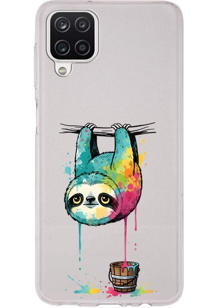 Samsung Galaxy A12 ile Uyumlu Splash Tembel Hayvan Tasarımlı Slimfit Şeffaf Silikon Kılıf