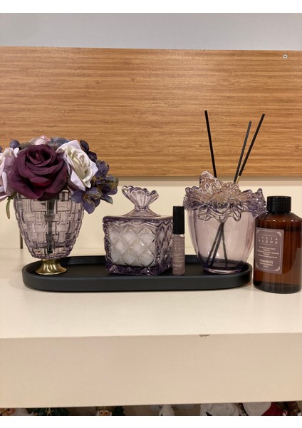 Dekoratif Koku Setimiz Deri Kaplı Tepsisi Cam Çubuklu Kokusu Kokulu Mumu Morrenk Arajman Çiçeği Mor