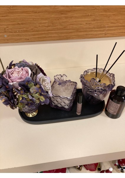 Dekoratif Koku Setimiz Deri Kaplı Tepsisi Cam Çubuklu Kokusu Kokulu Mumu Morrenk Arajman Çiçeği Mor fiyatları
