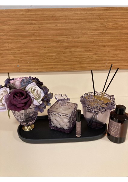 Dekoratif Koku Setimiz Deri Kaplı Tepsisi Cam Çubuklu Kokusu Kokulu Mumu Morrenk Arajman Çiçeği Mor modelleri