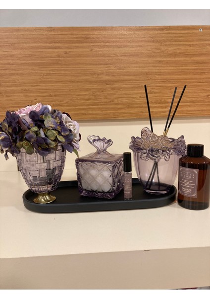 Dekoratif Koku Setimiz Deri Kaplı Tepsisi Cam Çubuklu Kokusu Kokulu Mumu Morrenk Arajman Çiçeği Mor fırsatları