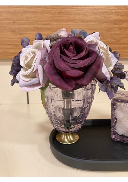 Dekoratif Koku Setimiz Deri Kaplı Tepsisi Cam Çubuklu Kokusu Kokulu Mumu Morrenk Arajman Çiçeği Mor indirimleri