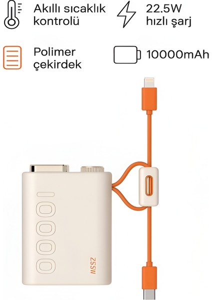 Mini Powerbank 22.5W Pd Hızlı Şarj Type-C & Lightning Kablolu LED Göstergeli Taşınabilir Şarj Cihazı