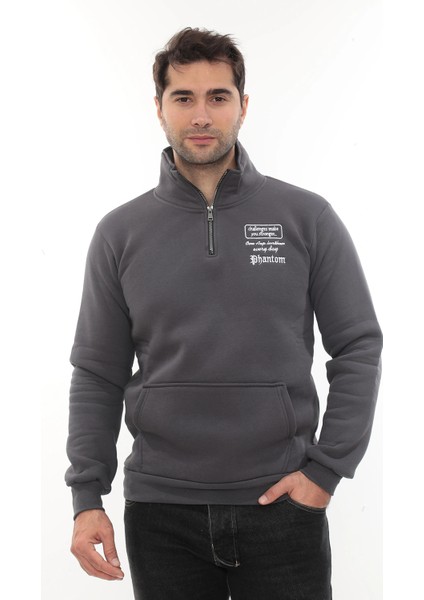 Erkek Füme Standart Fit Normal Kesim Içi Polarlı Yarım Fermuarlı Dik Bato Yaka Pamuklu Sweatshirt