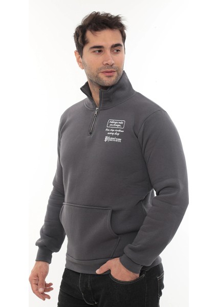 Erkek Füme Standart Fit Normal Kesim Içi Polarlı Yarım Fermuarlı Dik Bato Yaka Pamuklu Sweatshirt fiyatları