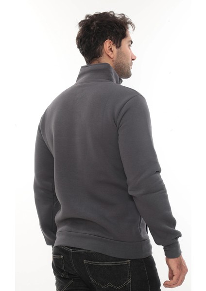 Erkek Füme Standart Fit Normal Kesim Içi Polarlı Yarım Fermuarlı Dik Bato Yaka Pamuklu Sweatshirt modelleri