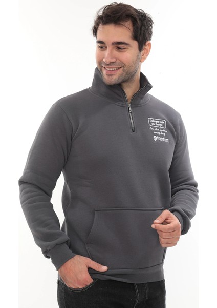 Erkek Füme Standart Fit Normal Kesim Içi Polarlı Yarım Fermuarlı Dik Bato Yaka Pamuklu Sweatshirt indirimleri