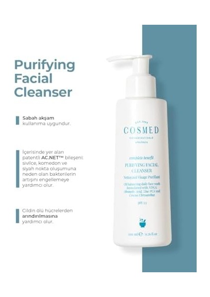 Cosmed Yağlı ve Akne Eğilimli Ciltlere Özel Arındırıcı Yüz Temizleme Jeli Ph 5.5 fiyatları