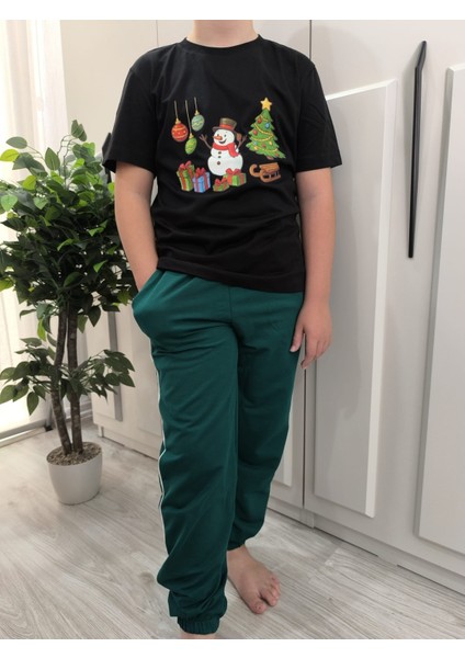 Yılbaşı Temalı Pamuklu Unisex Kısa Kolu Çocuk Eşofman Takımı