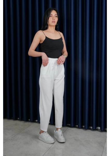 Çift Düğmeli Tüylenmez Crop Full Likralı Havuç Kesim Palazzo Beyaz Pantolon modelleri