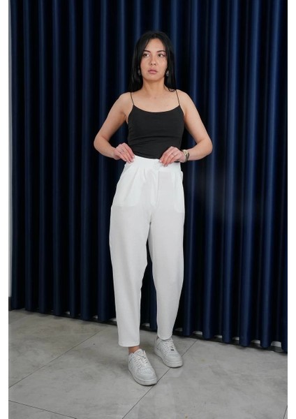 Çift Düğmeli Tüylenmez Crop Full Likralı Havuç Kesim Palazzo Beyaz Pantolon fırsatları