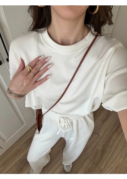 Kadın Modal Oys Kumaş Kısakol Eşofman Alt Üst Takım Bordo Beyaz