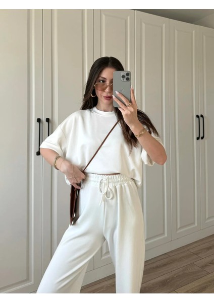 Kadın Modal Oys Kumaş Kısakol Eşofman Alt Üst Takım Bordo Beyaz