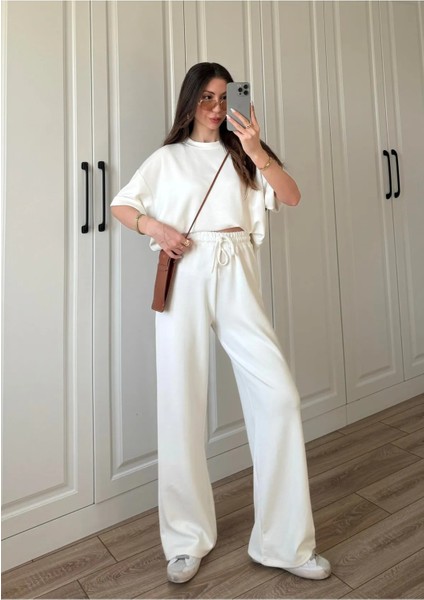 Kadın Modal Oys Kumaş Kısakol Eşofman Alt Üst Takım Bordo Beyaz