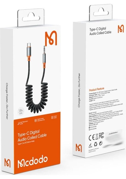 Mcdodo CA-0900 Spiralli Type-C To 3.5mm Aux Ses Kablosu 1.8m