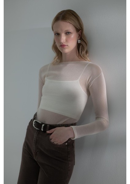 Yarı Transparan Uzun Kollu T-Shirt Ekru