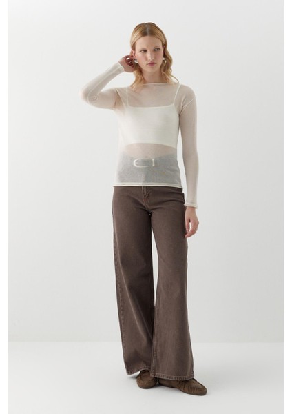 Yarı Transparan Uzun Kollu T-Shirt Ekru fiyatları