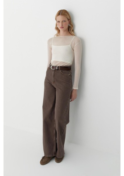 Yarı Transparan Uzun Kollu T-Shirt Ekru modelleri