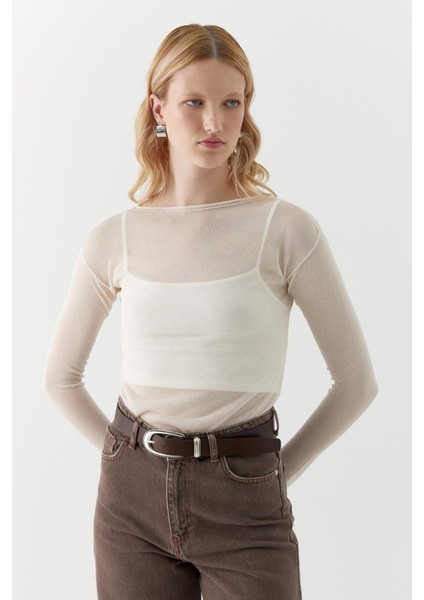 Yarı Transparan Uzun Kollu T-Shirt Ekru fırsatları