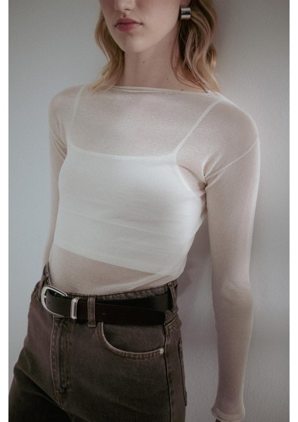 Yarı Transparan Uzun Kollu T-Shirt Ekru indirimleri