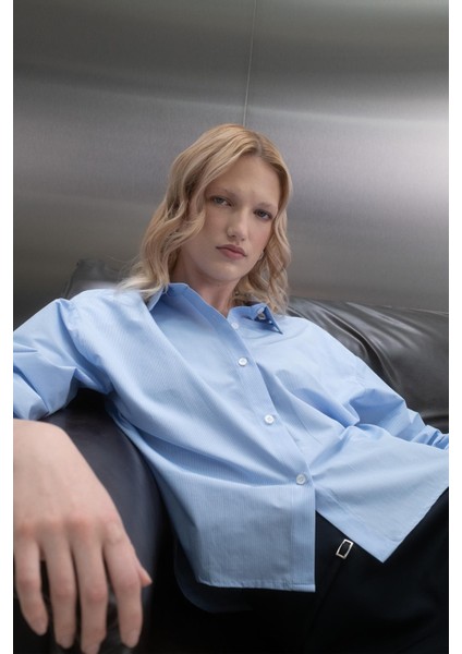 Vatkalı Çizgili Gömlek Mavi indirimleri