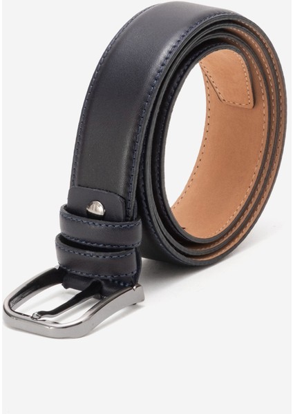 Hakiki Deri 3.5cm Erkek Takım Elbise Dikişli Klasik Kemer 518 Lacivert