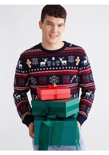 Bisiklet Yaka Yılbaşı Temalı Erkek Triko Kazak (W5)