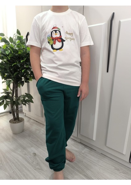 Yılbaşı Temalı Penguen Baskılı Pamuklu Unisex Kısa Kollu Çocuk Eşofman Takımı