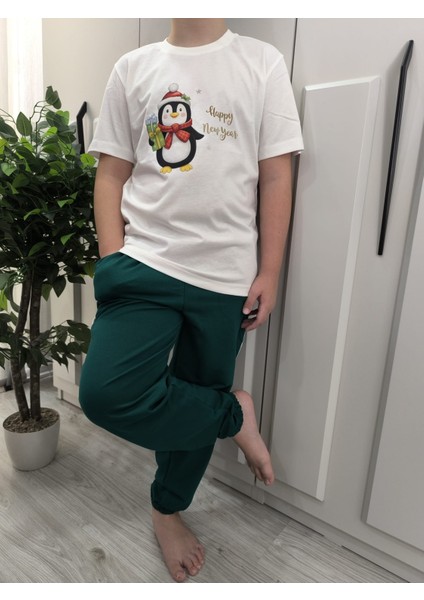 Yılbaşı Temalı Penguen Baskılı Pamuklu Unisex Kısa Kollu Çocuk Eşofman Takımı fiyatları