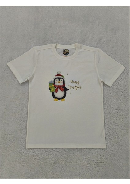 Yılbaşı Temalı Penguen Baskılı Pamuklu Unisex Kısa Kollu Çocuk Eşofman Takımı modelleri